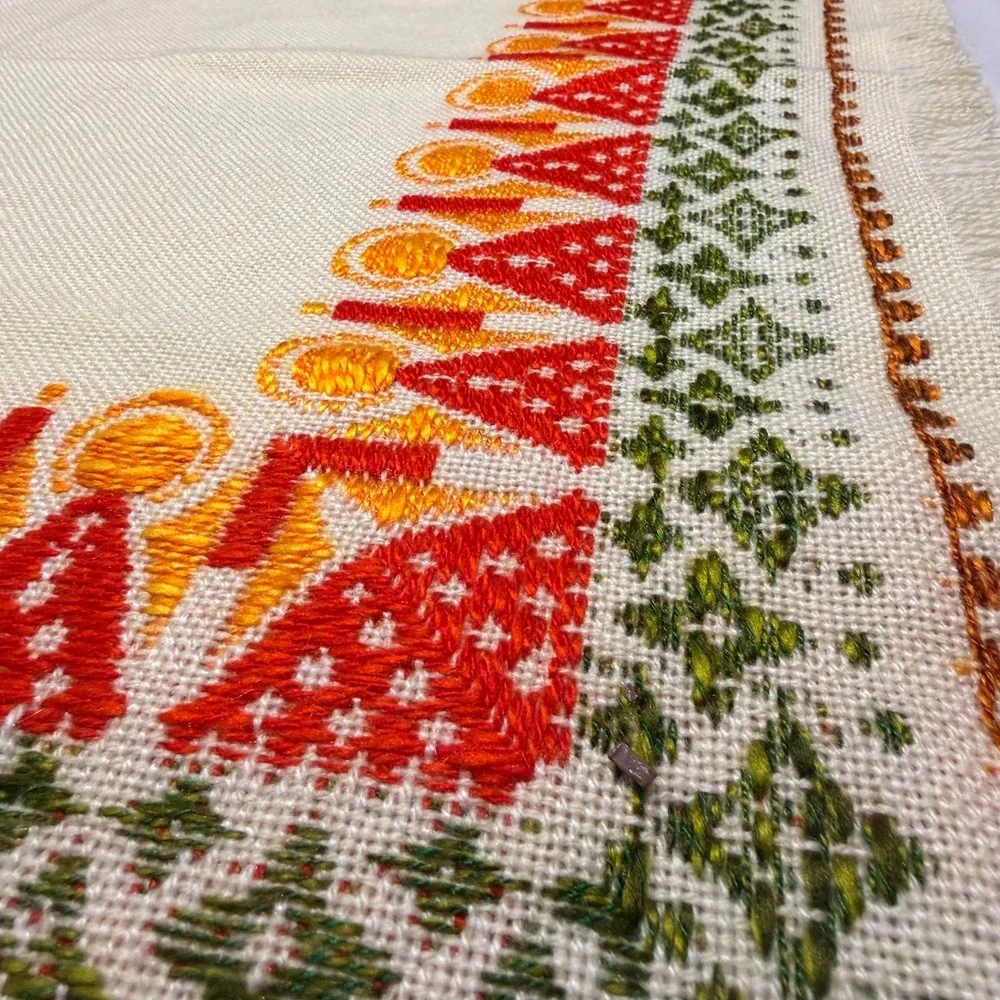 Vintage MCM Retro Woven Table Topper Wall Hanging Geometric Orange Green 30x30